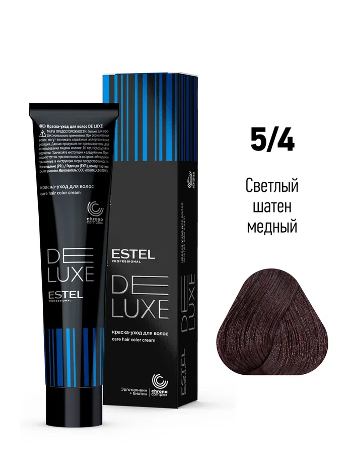 54-kraska-uhod-estel-de-luxe-svetlyj-shaten-mednyj.webp 5,4 крем-краска DE LUXE светлый шатен медный — изображение 1